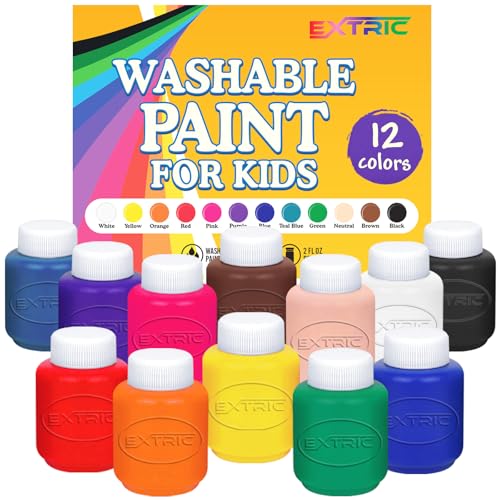 EXTRIC Washable Paint for Kids, 12-Color Tempera Kids Paint Set (2 oz Bottles) – Non-Toxic Washable Finger Paints for Toddlers & Kid Art Supplies