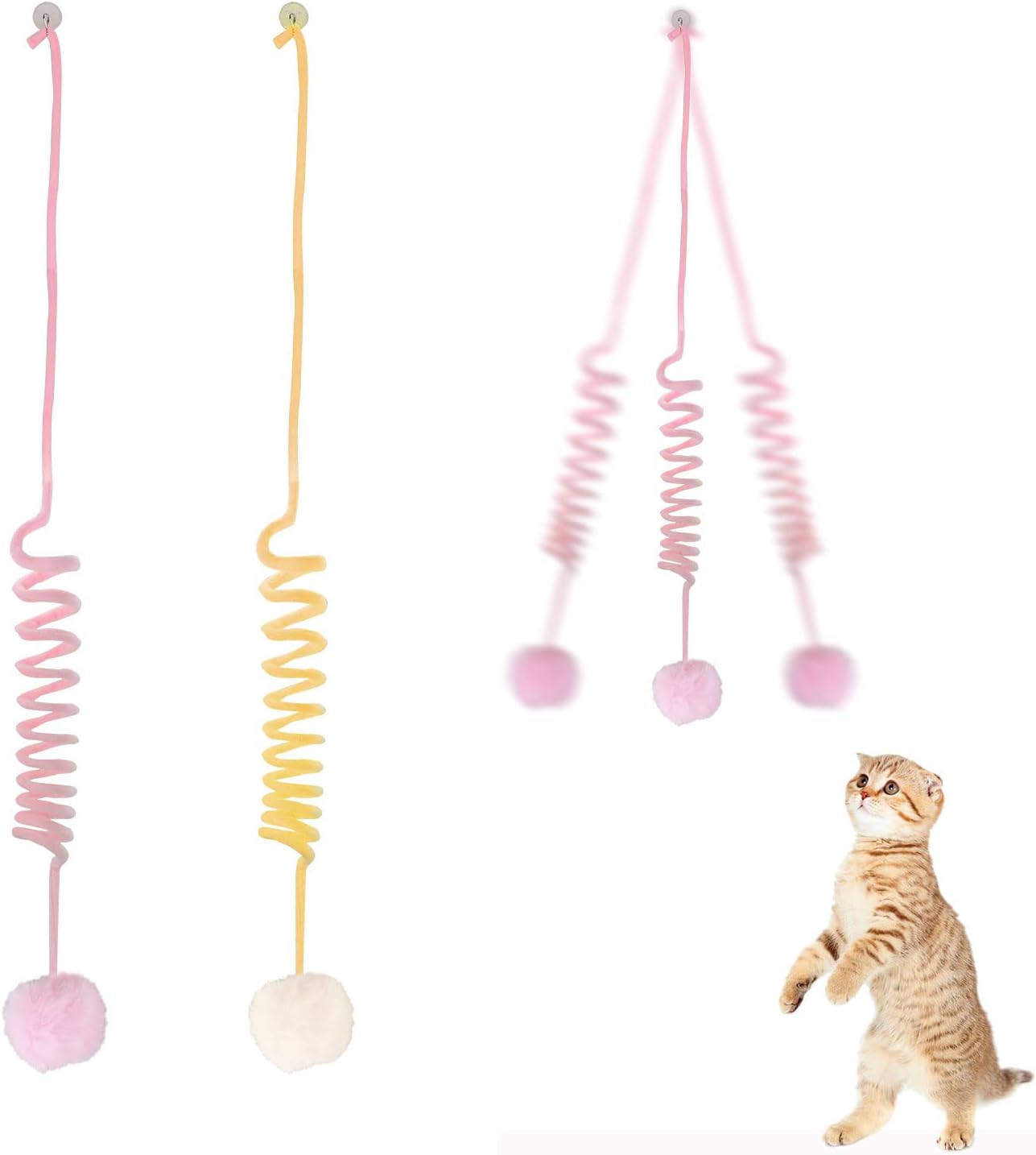 WishLotus Interactive Cat Toys, 2 Pack Soft Plush Cat Toys for Indoor Cats Self-Hanging Door Cat Plush Toys with Bells Long Tail Elastic Indoor Cat Toys for Cat Chase Play and Kill Time (Pink+Yellow)