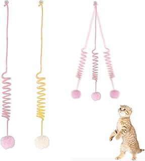 WishLotus Interactive Cat Toys, 2 Pack Soft Plush Cat Toys for Indoor Cats Self-Hanging Door Cat Plush Toys with Bells Long Tail Elastic Indoor Cat Toys for Cat Chase Play and Kill Time (Pink+Yellow)