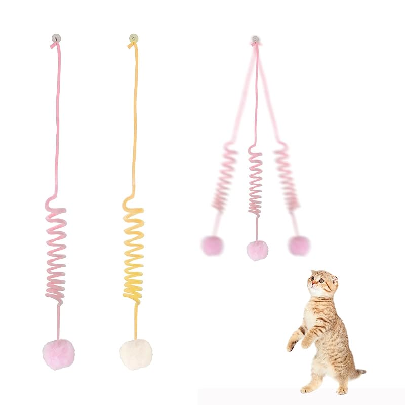 Brinquedo interativo para gatos WishLotus de pelúcia com mola, guizo e cauda longa, Rosa e Amarelo, Pacote com 2