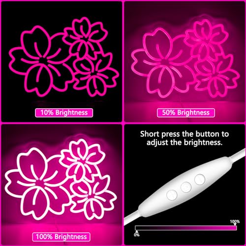 Image of Cherry Flower Neon Sign For Wall Decor Studio Room Led Lights, Beautiful Pink Draw Decor Neon Signs Aesthetic Operated Light For Door Decorations, Drawing Room Gifts Accessories Neon Sign