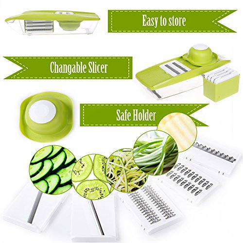 K BASIX Mandoline Slicer - Adjustable Vegetable Cutter, Grater & Slicer, With 5 Built-in Ultra Sharp Interchangeable Stainless Steel Blades, Food Storage, And Safe Hand Protector