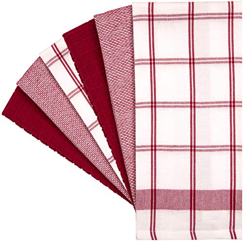 Image of Premium Kitchen Towels (20 inchx 28 inch, 6 Pack) | Large Cotton Dish Towels | Flat & Terry Highly Absorbent Kitchen Linen Set with Hanging Loop | Red Check
