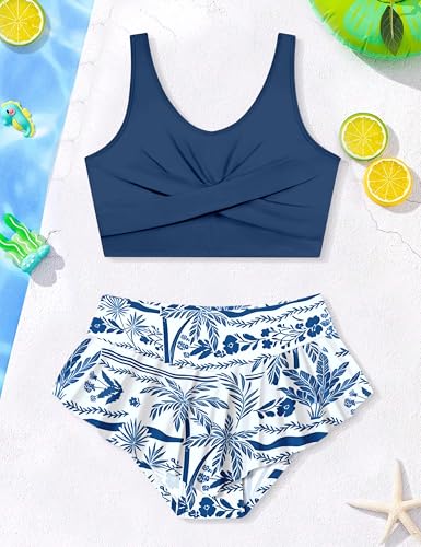 Image of Qaoerde Girls Swimsuit Tropical Print Bikini Set with Ruffle Hem Two Piece Criss Cross Bathing Suits for Girls 7-16 Years