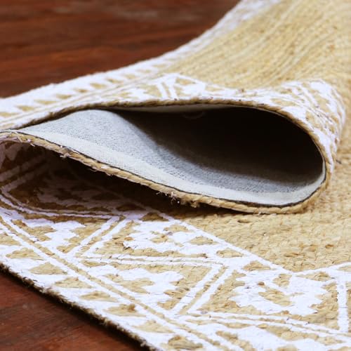 Image of voyzz home 5X8 Feet-Rectangular, Premium Natural Jute Braided Area Rug, White Printed Border & Backing, Stain Resistance, Natural Brown, Handmade Rug for Living Room, Dining Room, Bedroom, Farmhouse