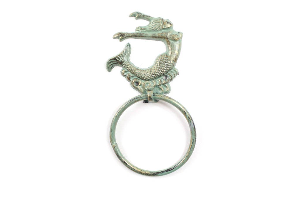 Handcrafted Nautical DecorAntique Seaworn Bronze Cast Iron Arching Mermaid Towel Holder 9" - Decorative C