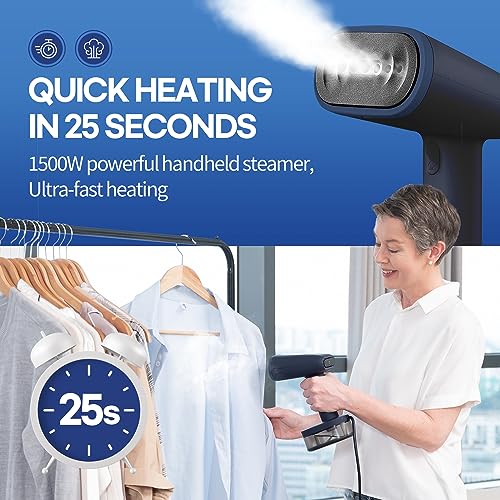 HubiCare Steamer for Clothes, 1500W Clothes Steamer with Large 250ml Tank, Handheld Clothing Steamer, Fabric Wrinkle Remover, Portable & Compact Travel Size Garment Steamer ONLY FOR 120V (Navy)