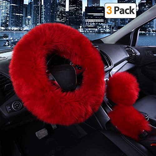 Younglingn Car Steering Wheel Cover Gear Shift Handbrake Fuzzy Cover 1 Set 3 Pcs Multi-colored with Winter Warm Pure Wool Fashion for Girl Women Ladies Universal Fit Most Car（Burgundy）