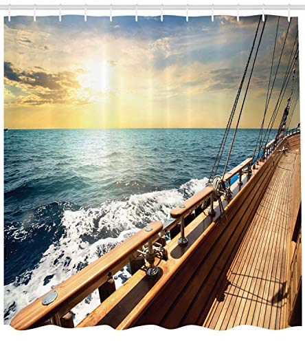 ABAKUHAUS Nautical Shower Curtain, Sailboat in Mediterranean Waves at Sunset Sky Relax Yacht Wind Relax Scenery - Image 2