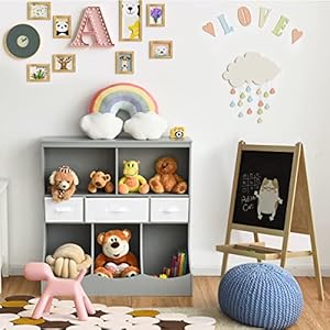 Honey joy kids toy storage organizer with bookcase 8 cubby organization storage cabinet wdisplay shelf 3 removable fabric bins wooden toy storage unit for playroom nursery daycaregray  urban country home decor