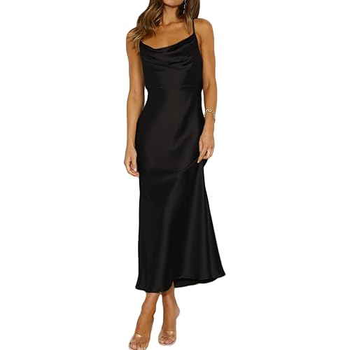 Summer Satin Spaghetti Strap Cowl Neck Backless Midi Dresses for Women Elegant Tie Low Back Ruched Cocktail Dress