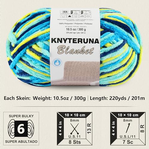 Image of #6 Super Bulky Blanket Yarn for Crocheting - 4 Skeins(Each 10.5oz /300g, 220yds /201m), Chunky Chenille Thick Plush Big Soft Yarn for Crocheting Knitting Blankets, Multi Blue & Yellow