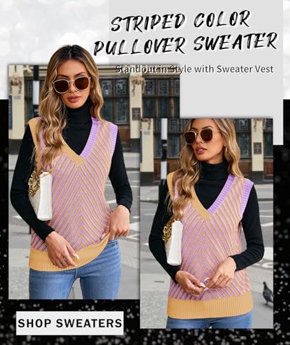 Image of MARZXIN Women Sleeveless Sweater V Neck Casual 2026 Fall Knitted Chevron V Neck Sweater Vest Color Block Pullover Sweater Top