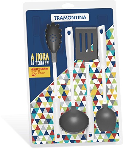 Tramontina Easy 4-Pieces Gray Nylon Utensil Set with Stainless Steel Shanks and White Polypropylene Handles