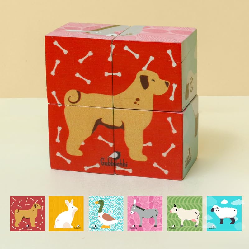 Image of Wooden Farm Puzzle for Toddlers 2 Yrs+ | 6 in 1 Farm Animal Block Puzzle with 4 Wooden Blocks | Montessori Educational Toy | Handmade in India | 100% Mango Wood | Non Toxic | Screen Free Toy