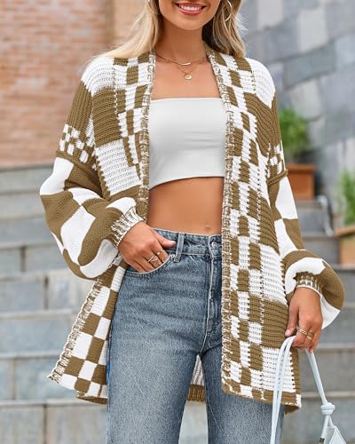 Image of BTFBM Casual Cardigan Sweater for Women Fall 2026 Long Sleeve Open Front Chunky Knit Sweaters Checkered Outwear Coat