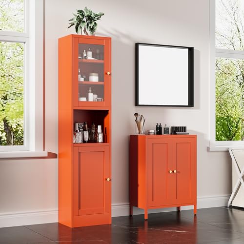 Image of Bevivog Orange Metal Locker Cabinet with 2 Doors and 2 Adjustable Shelves, Small Accent Cabinet Bathroom Floor Storage Cabinets Short Sideboard for Entryway, Living Room, Hallway