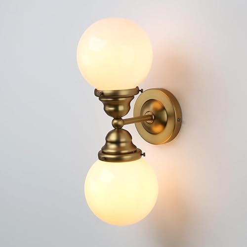 Miniatura 8 de Pathson Milk White Glass Wall Sconces Lighting, 2 Lights Industrial Wall Vanity Light Fixtures Brass Finish, Vintage Wall Sconce Lamp for Bathroom