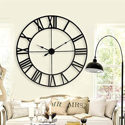 FOOSKOO Desk Clock Wanduhr Wall Clocks 80 cm Moderne 3D Große Retro Schwarz Eisen Kunst Hohl Wanduhr Römischen Ziffern Wohnkultur Cover
