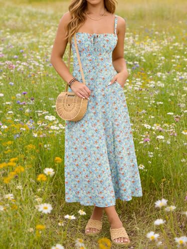 Image of YATHON Women's Summer Midi Corset Boho Dresses Spring Casual Floral Spaghetti Straps Lace Up Dress Flowy Aline Beach Sundress