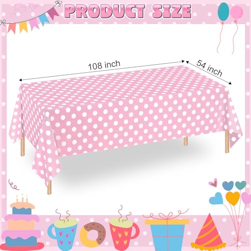Image of WNINK 4 Pack Light Pink and White Polka Dot Tablecloths, Pink Disposable Plastic Table Cover for Birthday, Wedding, Bachelor, Pink Girl Party, and Picnic Camping Parties 54 inch x 108 inch