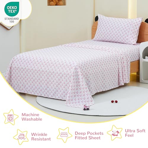 Image of Viviland 3 Pieces Girls Pink Twin Sheet Set - Soft Microfiber Fitted Flat Sheets & Pillowcase - Pink Cherry Bow Print Bedding Sets - for Kids & Toddlers