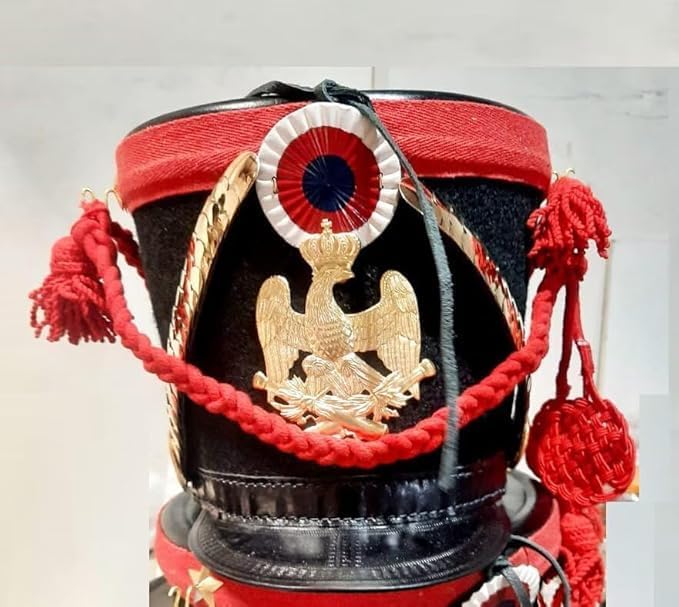 French Napoleonic Shako Leather & Brass Officer Helmet with Golden Braid | Adult Warrior Helmet for SCA, LARP, Reenactment & Cosplay Costume