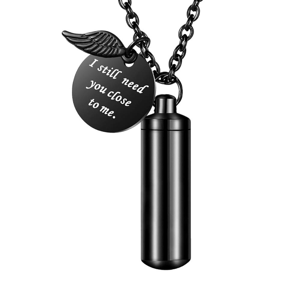 Cylinder Urn Necklace for Ashes Cremation Jewelry/Keychain for human Pet Stainless Steel Memorial Keepsake Pendant with Angel Wing Charm Ashes