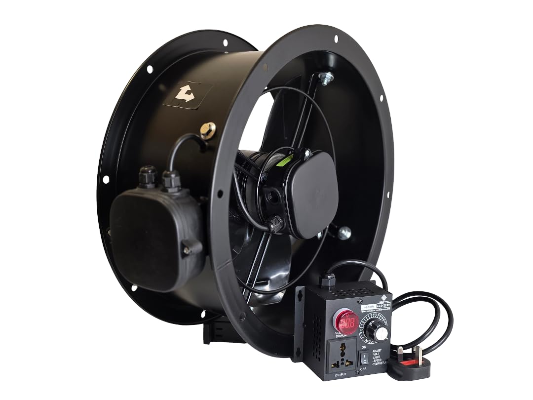 Industrial Duct Fan 300mm (12”) – Cased Axial Commercial Kitchen Canopy Extractor with Separate Speed Controller, 220V 50Hz Heavy-Duty Suction Fan for Restaurant, Warehouse & Office, Top connection