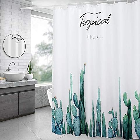 AooHome Fabric Cactus Shower Curtain, Heavy Duty Bath Curtain with Weighted Hem, Waterproof, White Green, 70x72 inch Cover