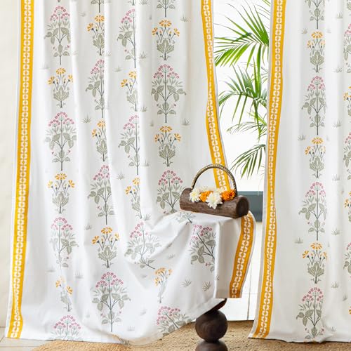 Image of Tranquebar Curtain Co. Cotton Curtains 7 Feet Long Set of 2, 60-65% Room Darkening, Yellow Ethnic Curtains Floral Print, Door Curtains 7 Feet Set of 2, BackTabs, Latha (213 cm) - Set of 2