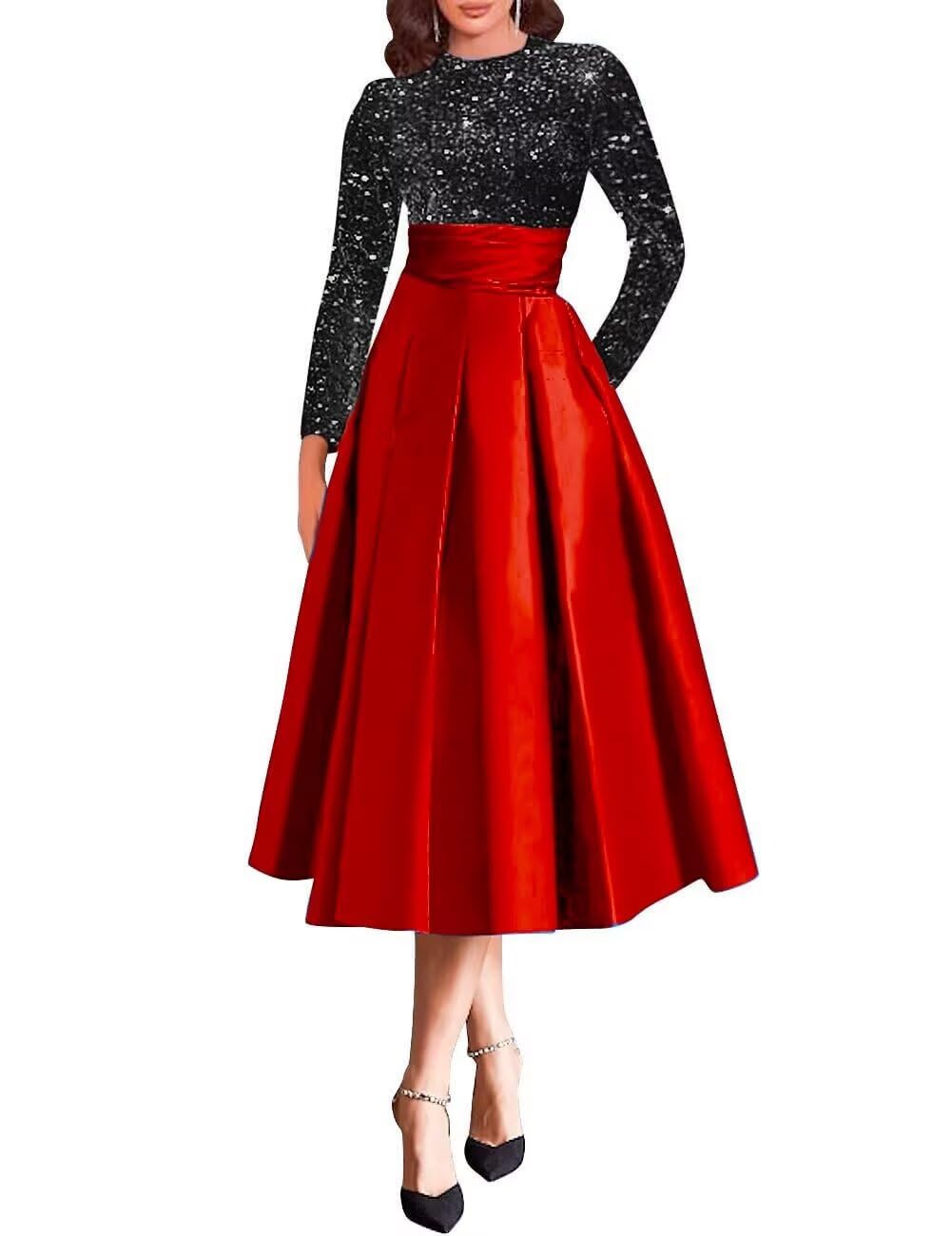 Sparkly Sequin Wedding Gown Long Sleeve Tea Length A Line Formal Dress Mother of The Bride Dresses for Women