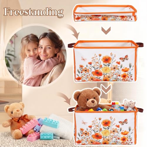 Image of Fourluoo 6 Pack Floral Storage Basket with Handles Clothes Storage Basket Bin Foldable Box Bins Organizer for Closet Shelf Nursery Kid Room Book Toy Chest(6, Fall Flowers)