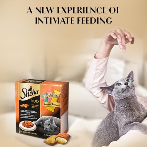 Image of Sheba Duo Adult Crunchy Cat Treats, 135 g, Crispy Outside Soft Inside, Contains 3 Variants, Tuna & Chicken, Salmon & Tuna, Chicken & Salmon