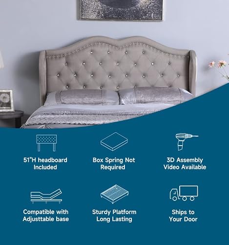 Queen Upholstered Platform Bed Frame with 51\" Tall Headboard - Button Tufted Cloth Bed- Wood Slat Support with Storage Space- No Box Spring Needed- Easy Assembly- Light Grey - OLIVER & SMITH - Berkley