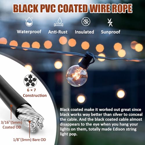 Kit de suspensión para luces de cadena, cable de acero recubierto de PVC negro 3/16"×100FT con accesorios para luces exteriores de patio y camping miniatura 4