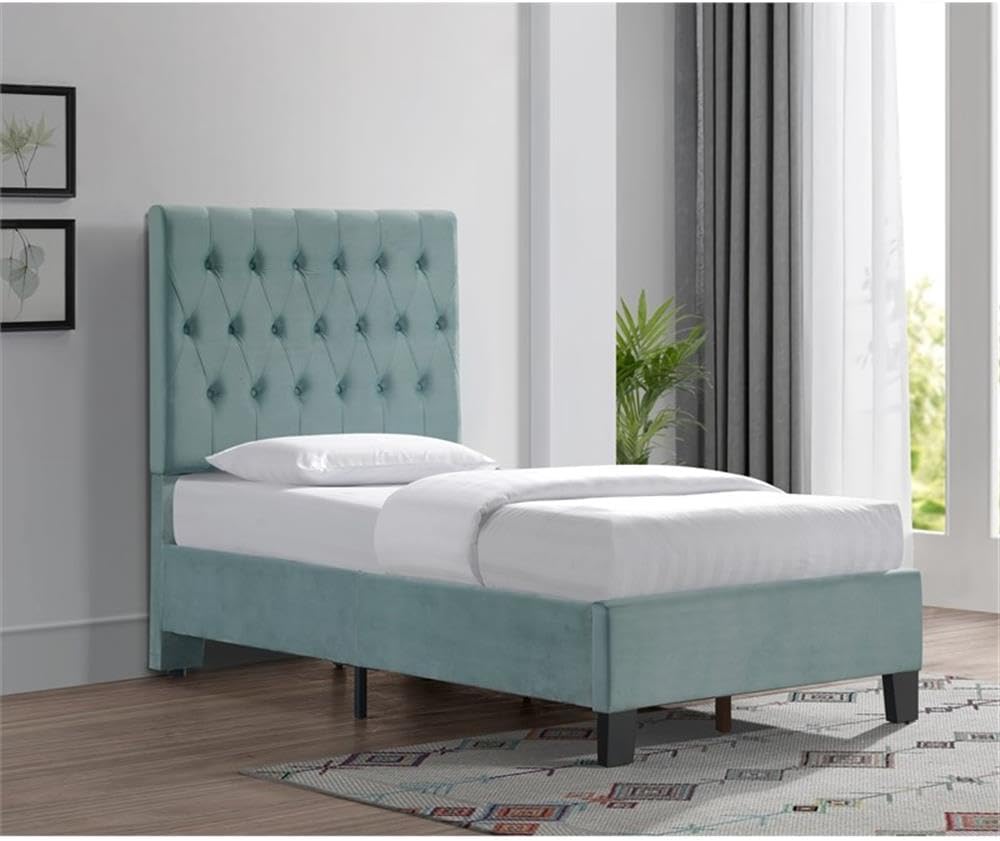 Pemberly Row 42" Twin Bed Frame, Blue Velvet Diamond-Tufted Upholstered Headboard, Hardwood Construction, Reinforced Mattress Supports, Transitional Design for Kids' Room or Guest Bedroom