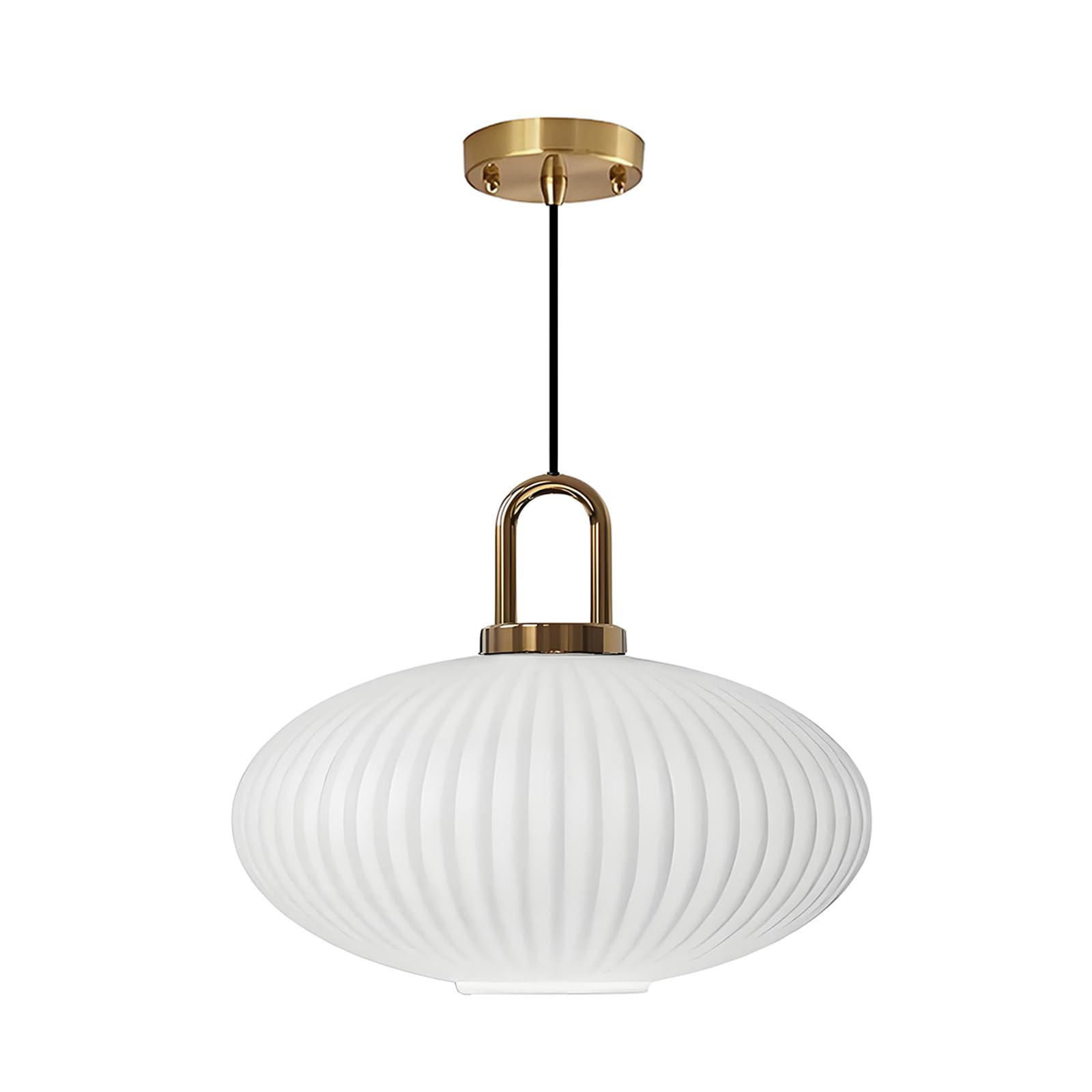 Suspension Moderne en Verre Blanc à Rayures, Lampe Suspendue à Hauteur Réglable avec Finition Laiton, Plafonnier E27 pour Cuisine, Chambre et Salle à Manger(30cm)