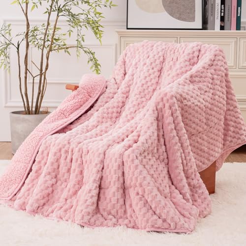 Image of Super Fuzzy Soft Fleece Sherpa Weighted Blanket 15 lbs for Adults, 3D Imitation Turtle Shell Luxury Weighted Throw for Better Sleep, Dual Sided Cozy Heavy Blankets for Couch Bed, Pink, 48 inch x 72 inch