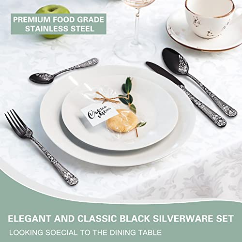 Euirio 72-Piece Black Silverware Set With Steak Knives,Black Flatware Set For 12,Stainless Steel Tableware Cutlery Set,Kitchen Utensils Spoon And Fork Set With Floral Laser,Dishwasher Safe #TOP2
