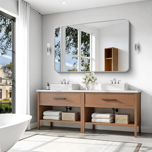 Image of KOCUUY Silver Bathroom Mirror, 55x36 Inch Large Bathroom Mirror for Over Sink, HD Tempered Glass, Anti-Rust Brushed Silver Frame, Rounded Corner Modern Design for Bathroom, Hang Horizontal /Vertical