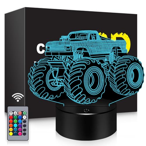 Image of BASSI Monster Trucks Night Light for Boys, 3D LED Optical Illusion Lamp with Remote Control, 16 Colors Change Perfect Birthday Party Decor Idea for Boys, Kids, and Teens