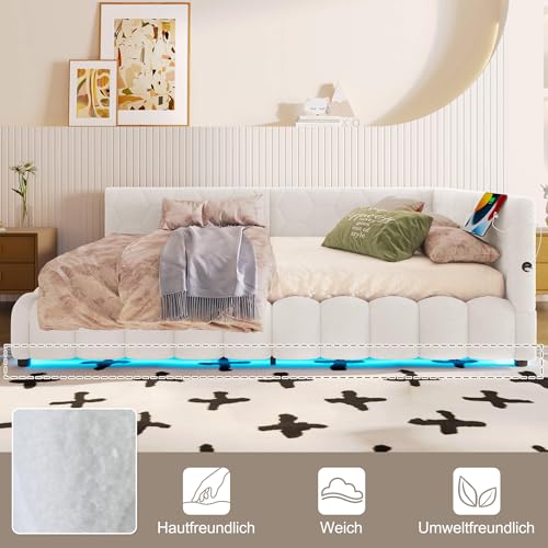 HYUB Polsterbett 140x200 cm, Tagesbett Doppelbett mit Rückenlehne und Bettkasten, Hydraulisches Bett mit Beleuchtung und Lattenrost, für Schlafzimmer und Gästezimmer, Vliesimitat, Weiß – Bild 6