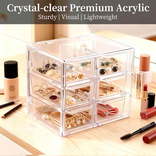 LINLINOI 6-Schubladen Kosmetik-Aufbewahrungsbox, Stapelbarer Kunststoff Organizer, Transparente Schubladen für Schmuck, Make-up & Schreibtisch Aufbewahrung