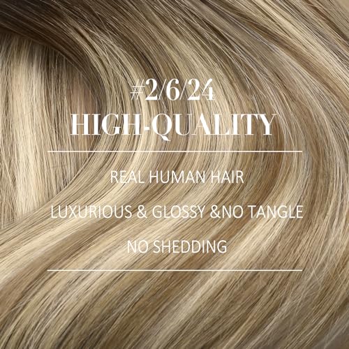 Image of YoungSee Balayage Clip in Hair Extensions Short Straight Hair Clip in Extensions Darkest Brown Roots to Medium Brown with Blonde Balayage Real Human Hair Extensions Clip ins for Women 12 Inch 85G 7Pcs