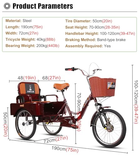 Image of SRNSAEB Adult Tricycle Carrying Passengers and Cargo, 20Inch 3 Wheel Bicycle for Men /Women /Seniors, Adjustable Height Three Wheel Cruiser Bike for Cycling /Outing /Picnic (Color : Red)