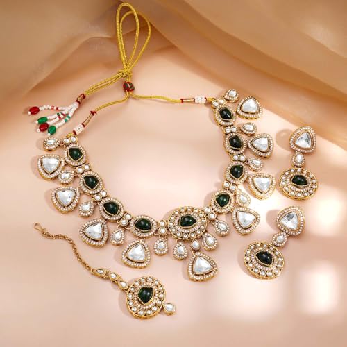 Image of Rubans Necklace Maangtikka Set Gold Plated Kundan & Pearl Jewellery Gift for Women & Girls