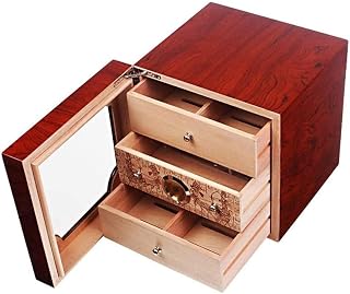 Desktop Cedar Wood Cigar Box Storage Case, Piano Paint Cigar Cabinet, Cigar Humidor Cabinet with Hygrometer, 3 Layer Drawers Cigar Box Storage Case Decor Box
