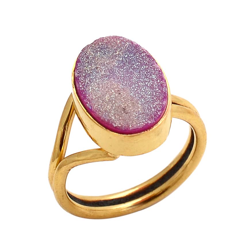 Druzy Ring, Gold Plated Adjustable Ring, Sugar Druzy Gemstone Ring, Cushion Shape Agate Druzy Ring, Bohemian Minimalist Ring Gift, handmadeRing - KOHI Ring (10.75)