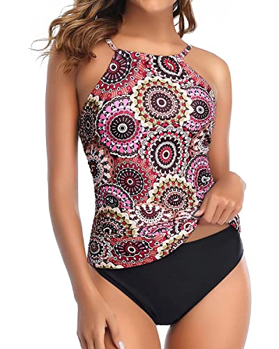 Image of Tempt Me Two Piece Tankini Swimsuit for Women High Neck Ruched Tummy Control Top with Bottom Bathing Suits
